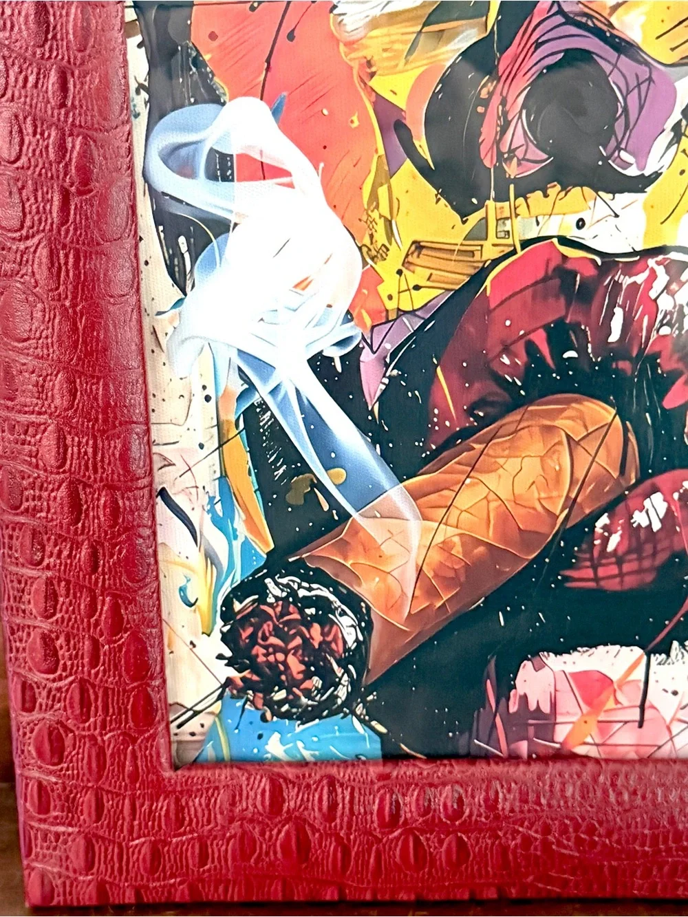 Whimsical Aura Woman Smoking Cigar Blunt Abstract Canvas Art Print Red Framed